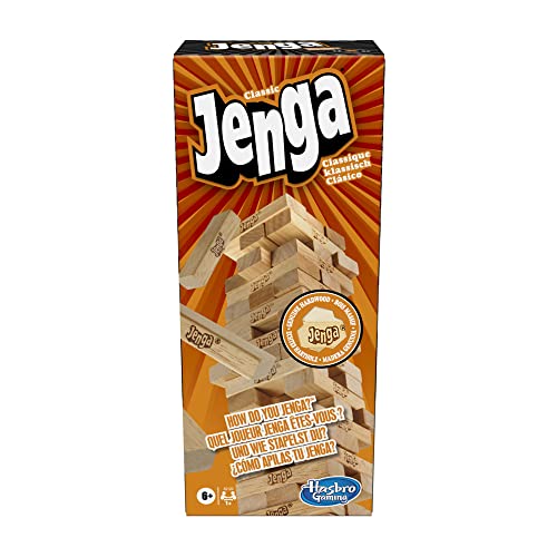 Hasbro Jenga classique, jeu avec blocs en bois massif véritable, tour Jenga à empiler pour enfants, à partir de 6 ans